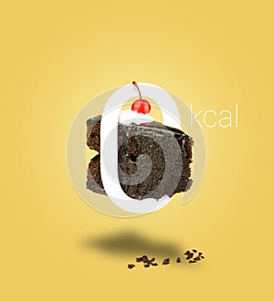 Isolated Zero calories chocolate cake on yellow background.