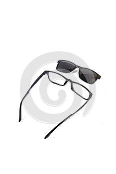 isolation glasses on white background. Black clip-on eyeglass frames in the photo from the front on a white background