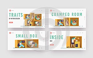 Isolation or Introversion Landing Page Template Set. Introvert Characters in Tiny Cramped Room. People in Small Box