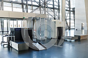 Isolation mode in Moscow, Covid pandemic and night view of the empty terminal of the International Airport. Airport security check