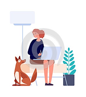 Isolation period. Woman sitting home, working with laptop. Flat style pet owner with dog character. Freelancer or online