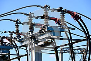 Isolators and transformers at the electrical substation.