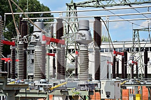 Isolators and transformers at the electrical substation. Electrical equipment