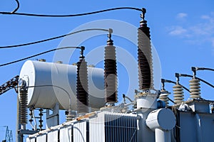 Isolators and transformers at the electrical substation. photo