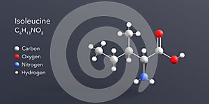 isoleucine molecule 3d rendering, flat molecular structure with chemical formula and atoms color coding