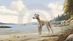 Whistlerian Greyhound: A Graphic Novel Style Illustration Of A Beachside Puppy photo