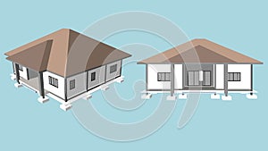 Isomatic and front view of house ues brown roof. Color scheme around the house is light gray. Windows and doors are made of steel