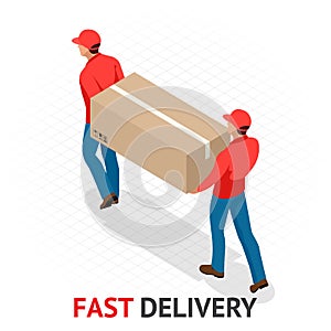 Isomeric fast delivery concept. Delivery man in red uniform