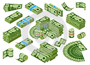 Isomeric money. Dollar banknotes piles, green dollar bills stack, earnings money treasure. Money cash capital vector