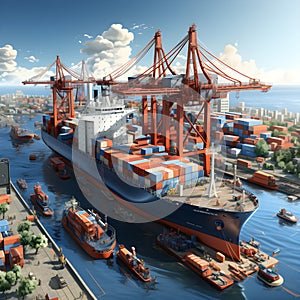 isometric 2D illustration of cargo ship docked at bustling port, containers being loaded, unloaded by cranes and workers. AI