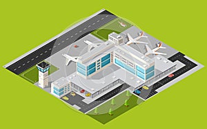 Isometric 3D airstrip of the city international airport terminal and transportation