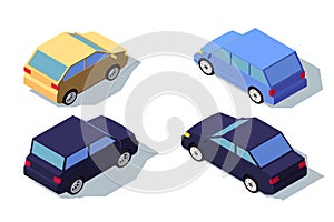 Isometric 3d back view blue and yellow classic sedan car.