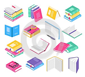 Isometric 3d books. Open and closed school textbooks with bookmarks, book stacks. Academic literature, education