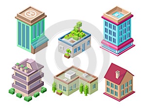 Isometric 3D buildings and city houses illustration or office and hotel residence towers for construction design