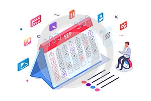 Isometric 3d calendar with task managment and businessman.