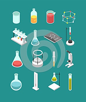 Isometric 3d chemical laboratory equipment. Chemistry attributes vector icons isolated