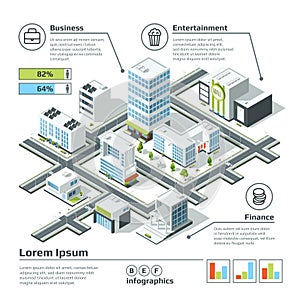 Isometric 3d city map. Infographic vector illustration. Dimensional plan