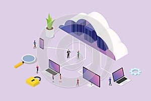 Isometric 3d cloud computing concept with team people and various media platform laptop smartphone computer - vector