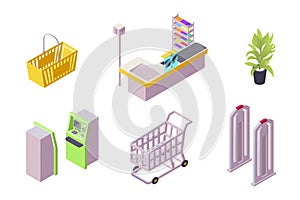 Isometric 3d collection isolated urban element of shopping center.