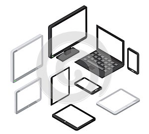 Isometric 3d computer and laptop, tablet pc smartphone vector icons