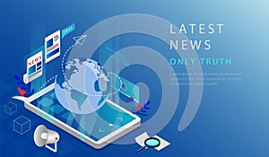 Isometric 3D Concept Of Latest Breaking News. Website Landing Page. Truthful Latest World News And Updates in the World