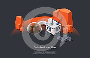 Isometric 3D Concept Of Mars Colonization Mission And Space Tourism. Futuristic Space Home, Garden Under Dome With
