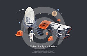 Isometric 3D Concept Of Space Tourism. Astronaut Tourist With Big Tickets Near Space Ship Ready To Travel. Intergalactic