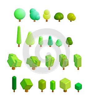 Isometric 3d decorative trees in green color. Set of simple shapes isolated on white background