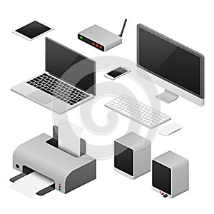 Isometric 3D digital vector computers and supplies of office workspace