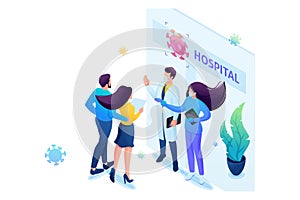 Isometric 3D. Doctors Check The Body Temperature Of Patients At The Entrance To The Hospital. Web Design