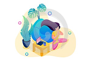 Isometric 3D. Girl Does Yoga At Home, Meditation For The Health Of The Body And Mind. Concept For Web Design