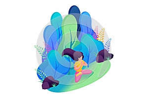 Isometric 3D. Girl Does Yoga In The Park, Meditation To Music. Concept For Web Design