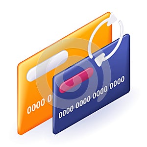 Isometric 3D icon Credit card. Exchange of electronic money, transfer of funds from card to card. Cartoon minimal style