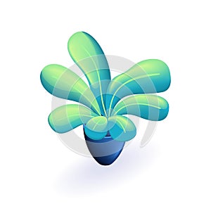 Isometric 3D icon Flower, plant with leaves in blue pot. Cartoon minimal style. Vector for website