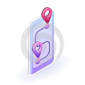 Isometric 3D icon Geolocation api mark, point location in Mobile App. Vector for website