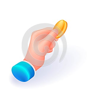 Isometric 3D icon hand of a businessman. Hand holds a credit gold coin. Cartoon minimal style. Vector for website