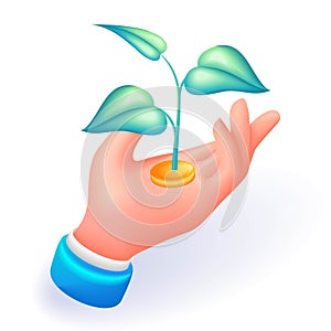 Isometric 3D icon hand of a businessman. Sprout from a gold coin grows on the open palm. Cartoon minimal style. Vector