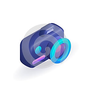 Isometric 3D icon Photo camera with with lens and button. Cartoon minimal style. Vector for website