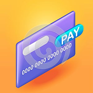 Isometric 3D icon purple credit card, online bill payment. Cartoon minimal style. Vector for website