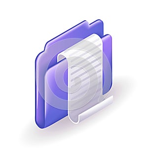 Isometric 3D icon purple folder with a bill sticking out. Concept of paying a bill in a restaurant. Cartoon minimal