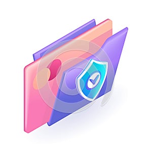 Isometric 3D icon purple folder with credit card details. The concept of data storage. Cartoon minimal style. Vector for