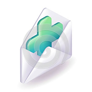 Isometric 3D icon white envelope with a green medical cross. Cartoon minimal style. Vector for website