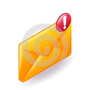 Isometric 3D icon yellow envelope of an email marked important. Cartoon minimal style. Vector for website