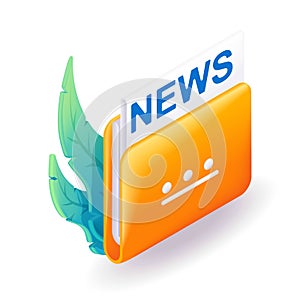 Isometric 3D icon yellow folder contains a news newspaper. Cartoon minimal style. Vector for website