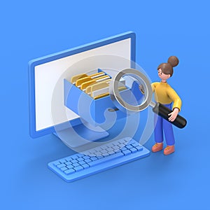 isometric 3D illustration on a blue background,3D illustration of businessman takes a folder from the shelf of the archive,