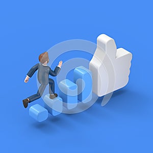 isometric 3D illustration on blue background, increase popularity on social networks,businessman runs up the stairs to a big like