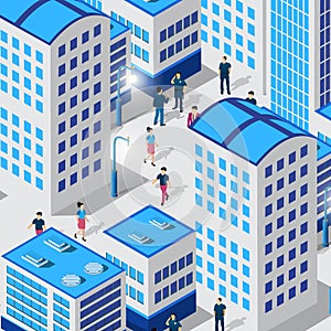 Isometric 3D illustration of the city quarter with houses,