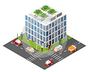 Isometric 3D illustration of the city quarter with houses,