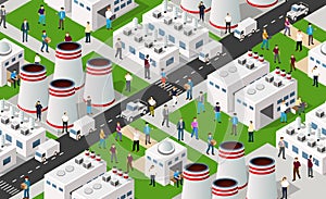 Isometric 3D illustration of the Industrial district city quarter with streets