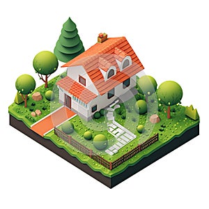 Isometric 3d illustration of landscape around the house